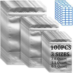 100pcs mylar resealable bags for food storage with stickers, sealable smell proof zip pouch bag, edible packaging with double side aluminum foil, 2.6quarts, 1.1quarts, 0.5quarts