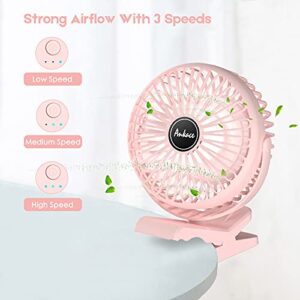 ANKACEPERSONAL 10000mAh Portable Fan Rechargeable, Battery Operated Desk Fan Clip on Fan with LED Light, 3 Modes 360° Rotation Personal USB Small Fan Outdoor Camping Golf Cart Indoor GymOffice, pink