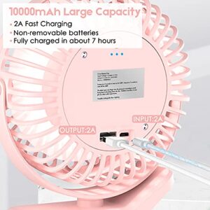 ANKACEPERSONAL 10000mAh Portable Fan Rechargeable, Battery Operated Desk Fan Clip on Fan with LED Light, 3 Modes 360° Rotation Personal USB Small Fan Outdoor Camping Golf Cart Indoor GymOffice, pink