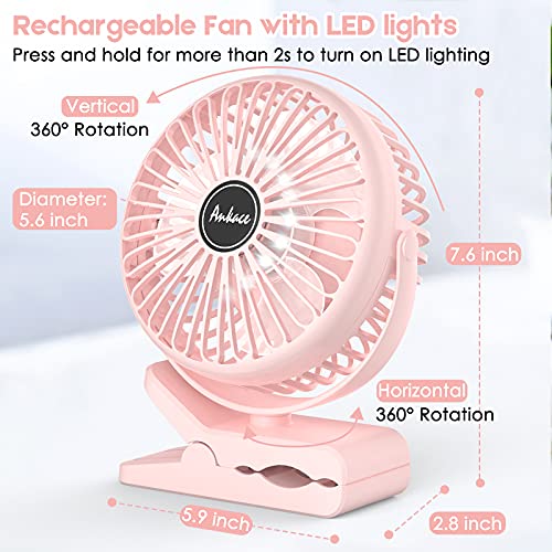 ANKACEPERSONAL 10000mAh Portable Fan Rechargeable, Battery Operated Desk Fan Clip on Fan with LED Light, 3 Modes 360° Rotation Personal USB Small Fan Outdoor Camping Golf Cart Indoor GymOffice, pink