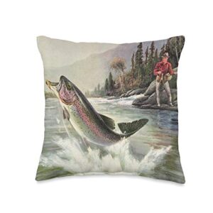 yesterdaycafe retro kitsch collection fisherman fly rainbow trout fish in a river throw pillow, 16x16, multicolor