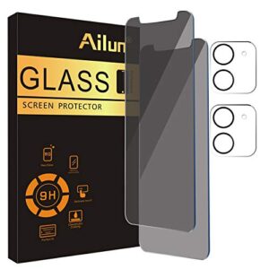 ailun 2pack privacy screen protector for iphone 12[6.1 inch] + 2 pack camera lens protector, anti spy private tempered glass film,[9h hardness] - hd [black]