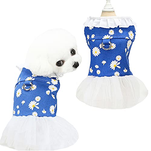 APIOF Dog Dress Harness for Small Medium Dogs Girl Cute Blue Daisy White Sheer Tutu Princess Birthday Party Dresses Pet Clothes Outfits Apparel