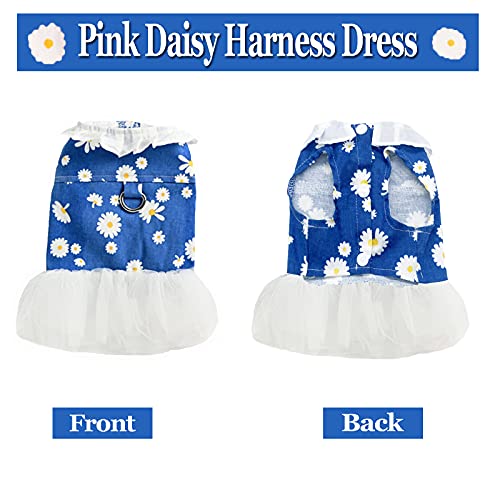 APIOF Dog Dress Harness for Small Medium Dogs Girl Cute Blue Daisy White Sheer Tutu Princess Birthday Party Dresses Pet Clothes Outfits Apparel