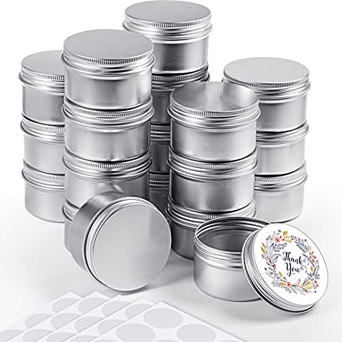 24 Pieces Round Tin Containers 4 oz Metal Tins Cans Aluminum Tin Storage Cans with 10 Sheets Label Sticker for Salve Spice Candy Candle Kitchen Small Items, Silver