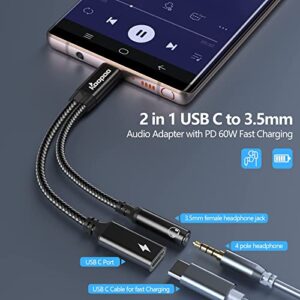 2 in 1 USB C to 3.5mm Headphone and Charger Adapter-USB C to 3.5 Headphone Jack Adapter,KOOPAO USB C PD 3.0 Quick Charging Port 60W Fast Charge Cable compatible for samsung Galaxy S23 S23+ S23 Ultra