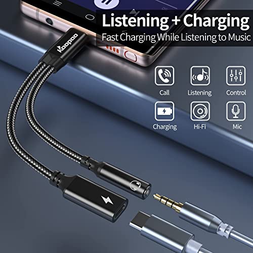 2 in 1 USB C to 3.5mm Headphone and Charger Adapter-USB C to 3.5 Headphone Jack Adapter,KOOPAO USB C PD 3.0 Quick Charging Port 60W Fast Charge Cable compatible for samsung Galaxy S23 S23+ S23 Ultra