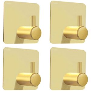 biomoty gold adhesive hooks, 4 pack wall hooks heavy duty, waterproof sticky hooks for hanging towel, key, coat, hat, robe, clothes, towel hook for bathroom kitchen wall mounted (gold)