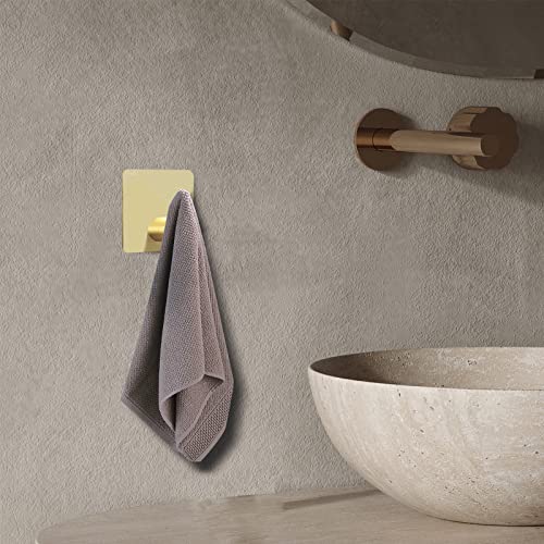 Biomoty Gold Adhesive Hooks, 4 Pack Wall Hooks Heavy Duty, Waterproof Sticky Hooks for Hanging Towel, Key, Coat, Hat, Robe, Clothes, Towel Hook for Bathroom Kitchen Wall Mounted (Gold)