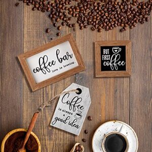 3 Pieces Mini Coffee Bar Sign Farmhouse Coffee Wooden Sign But First Coffee Wood Sign Chocolate Framed Sign Rustic Wood Coffee Table Sign Vintage Kitchen Wood Plaque for Tier Tray Decor (Coffee)