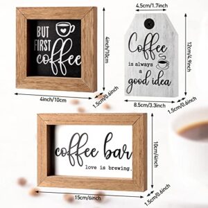 3 Pieces Mini Coffee Bar Sign Farmhouse Coffee Wooden Sign But First Coffee Wood Sign Chocolate Framed Sign Rustic Wood Coffee Table Sign Vintage Kitchen Wood Plaque for Tier Tray Decor (Coffee)