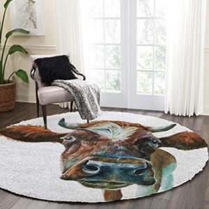 Fantasy Staring Round Fluffy Area Rugs for Living Room Kids Room- Western Texas Farm Animals Cattle Contemporary Rug Soft Throw Rug Modern Home Decor Carpet, 5ft