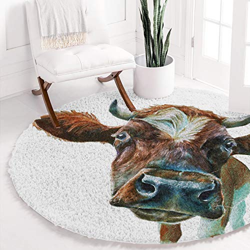 Fantasy Staring Round Fluffy Area Rugs for Living Room Kids Room- Western Texas Farm Animals Cattle Contemporary Rug Soft Throw Rug Modern Home Decor Carpet, 5ft