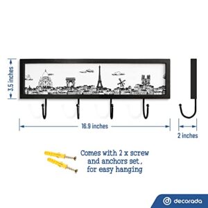 Decorada Paris Decor for Bedroom (4 Towel/Coat Hooks) Paris Bathroom Decor - Paris Wall Decor Made from Wood 3.5 x 16.9 & Wall Mounting Screws