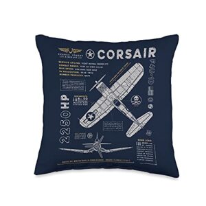 909 apparel f4u corsair | ww2 fighter plane | us wwii warbird vintage throw pillow, 16x16, multicolor