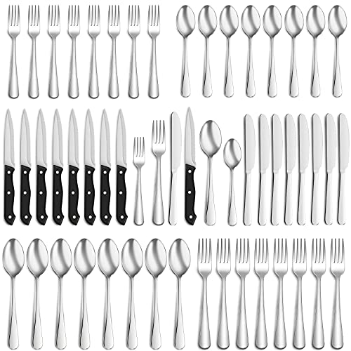 48-Piece Silverware Set with Steak Knives for 8, Food-Grade Stainless Steel Flatware, Includes Spoons Forks Knives, Kitchen Cutlery Set For Home Office Restaurant Hotel, Mirror Finish, Dishwasher Safe