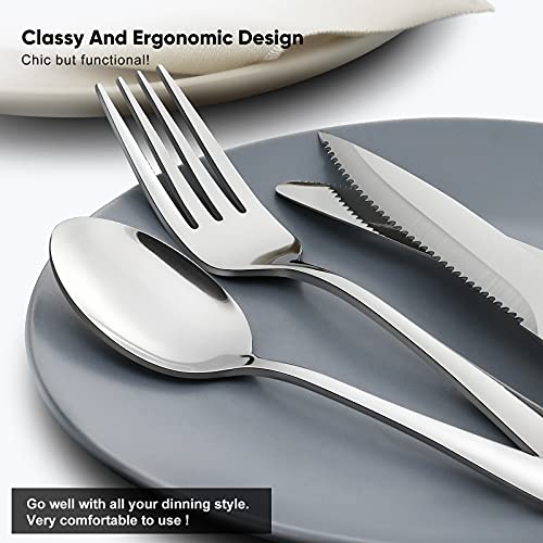 48-Piece Silverware Set with Steak Knives for 8, Food-Grade Stainless Steel Flatware, Includes Spoons Forks Knives, Kitchen Cutlery Set For Home Office Restaurant Hotel, Mirror Finish, Dishwasher Safe