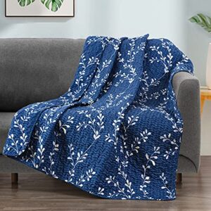 exclusivo mezcla microfiber quilted throw blanket, flower pattern throw blanket for bed/couch/sofa, soft and lightweight (50"x 60",navy)