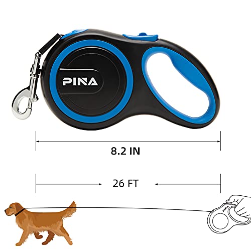 PINA Retractable Dog Leash, 26ft Dog Leash for Small Medium Large Dogs Up to 110lbs, 360° Tangle-Free Strong Reflective Nylon Tape, with Anti-Slip Handle, One-Handed Brake, Pause, Lock - Black Blue