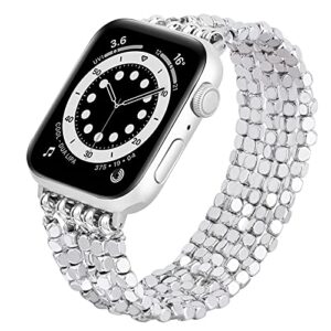 mofree bracelet compatible for series 6 apple watch band 40mm/38mm/41mm series 7 se 5 women fashion handmade elastic stretch beads strap for iwatch series 4/3/2/1 38mm/40mm replacement silver