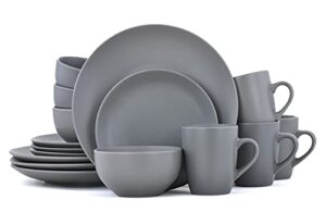 famiware dinnerware set, 16 piece dishes set, plates and bowls set for 4, gray matte…