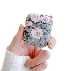hjwkjus compatible with airpods 1&2 case for women girls, pink floral and gray leaves pattern case with anti-dust shockproof protective hard cover for airpods 1&2-elegant flower