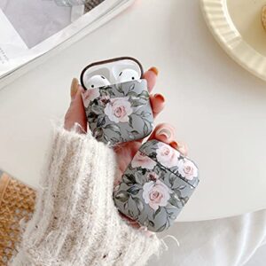 HJWKJUS Compatible with AirPods 1&2 Case for Women Girls, Pink Floral and Gray Leaves Pattern Case with Anti-dust Shockproof Protective Hard Cover for AirPods 1&2-Elegant Flower