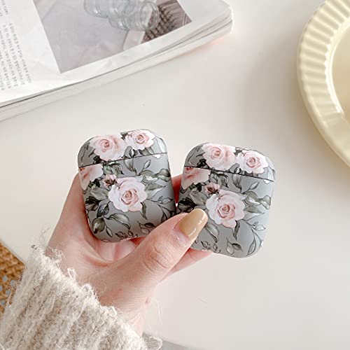 HJWKJUS Compatible with AirPods 1&2 Case for Women Girls, Pink Floral and Gray Leaves Pattern Case with Anti-dust Shockproof Protective Hard Cover for AirPods 1&2-Elegant Flower