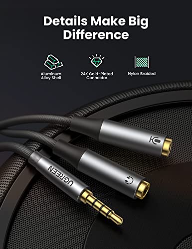 UGREEN Headphone Splitter Headset Splitter Audio Mic Y Adapter Braided 3.5mm TRRS Male to 2 Female Cable with MIC Compatible with PS5 PS4 Xbox One Controller, Phone to Earphone, Gaming Speaker