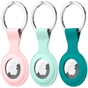 suoman 3 pack silicone case keyring, tracker cover for apple airtag, case cover locator keychain for apple airtag case key ring, for airtag accessories -green+pink+teal green