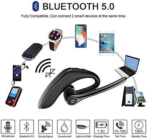 Bluetooth Headset, Wireless Bluetooth Earpiece V5.0 Hands-Free Earphones with Stereo Noise Canceling Mic, Compatible iPhone Android Cell Phones Driving/Business/Office