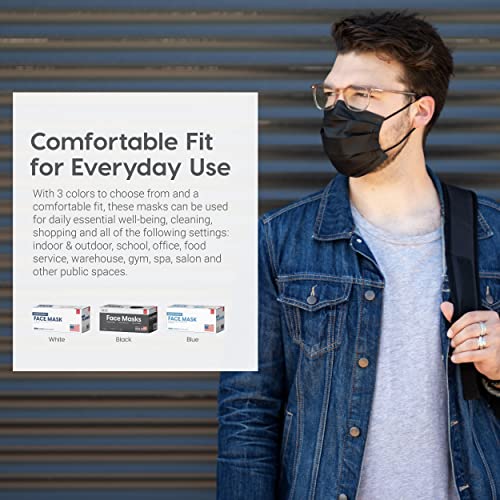 IRIS USA Made in USA Disposable Face Masks, 50 Piece, Premium 3Ply Masks, Breathable, Comfortable, Soft Stretchable Earloops, Soft on Skin, 3 Layer Construction for High Protection, Black