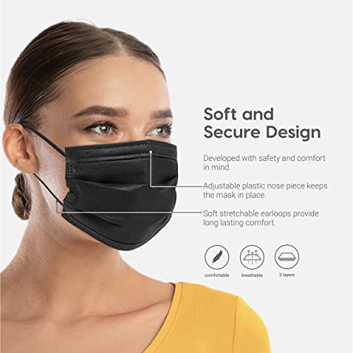 IRIS USA Made in USA Disposable Face Masks, 50 Piece, Premium 3Ply Masks, Breathable, Comfortable, Soft Stretchable Earloops, Soft on Skin, 3 Layer Construction for High Protection, Black