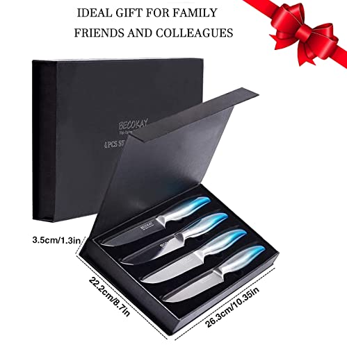 BECOKAY Steak Knives Set of 4, High Carbon German Stainless Steel Serrated Steak Knives, Ultra Sharp Steak Knife, Elegant Blue Kitchen Knife with Ergonomic Handle Gift Box for Mom Girlfriend Outdoor