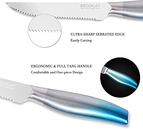 BECOKAY Steak Knives Set of 4, High Carbon German Stainless Steel Serrated Steak Knives, Ultra Sharp Steak Knife, Elegant Blue Kitchen Knife with Ergonomic Handle Gift Box for Mom Girlfriend Outdoor