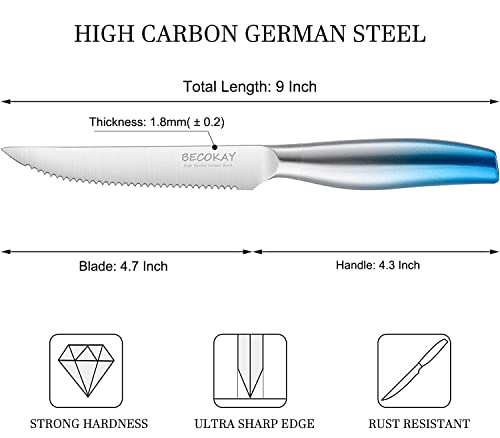 BECOKAY Steak Knives Set of 4, High Carbon German Stainless Steel Serrated Steak Knives, Ultra Sharp Steak Knife, Elegant Blue Kitchen Knife with Ergonomic Handle Gift Box for Mom Girlfriend Outdoor