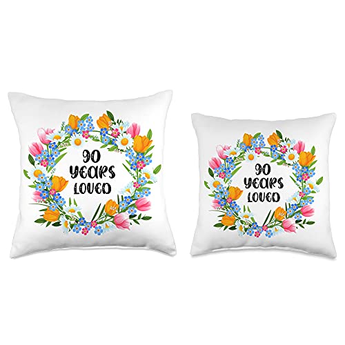 Ninety Years Old Women Men Birthday Gift Apparel Floral Design 90 Years Old Grandpa Grandma 90th Birthday Throw Pillow, 16x16, Multicolor