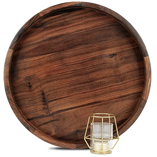 MAGIGO 16 Inches Extra Large Round Black Walnut Wood Ottoman Tray with Handles, Serve Tea, Coffee or Breakfast in Bed, Classic Circular Wooden Decorative Serving Tray