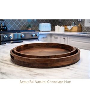 MAGIGO 16 Inches Extra Large Round Black Walnut Wood Ottoman Tray with Handles, Serve Tea, Coffee or Breakfast in Bed, Classic Circular Wooden Decorative Serving Tray