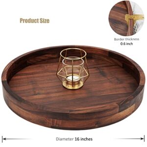 MAGIGO 16 Inches Extra Large Round Black Walnut Wood Ottoman Tray with Handles, Serve Tea, Coffee or Breakfast in Bed, Classic Circular Wooden Decorative Serving Tray