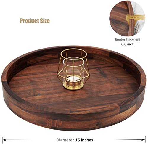 MAGIGO 16 Inches Extra Large Round Black Walnut Wood Ottoman Tray with Handles, Serve Tea, Coffee or Breakfast in Bed, Classic Circular Wooden Decorative Serving Tray