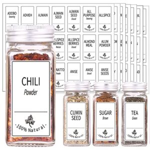 SWOMMOLY 25 Glass Spice Jars/Square Spice Bottles, 4oz Empty Spice Containers with 806 White Spice Labels, Pour/sift Shaker Lid, Airtight Cap, Chalk Marker and Funnel Complete Set