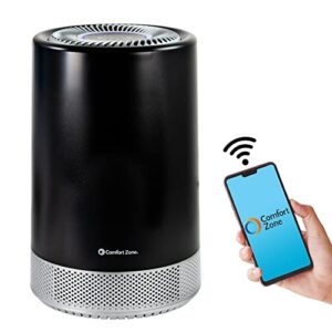 comfort zone czap101sbk h13 hepa air purifier with wifi app control - smart air filter & cleaner for home, remove dust, odor, pollen - compact ionizer with timer & night light, 150 sq. ft.