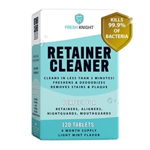 retainer cleaner, denture cleaner (120 tablets) removes cloudiness, brightens and freshens clear aligners, retainers, night guards, mouth guards, dental appliances, fresh knight
