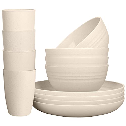 LuckyZone Wheat Straw Dinnerware Sets for 4 (Reusable Plates, Bowls & Cups) - Lightweight Unbreakable Dinner Camping Dishes - Dishwasher & Microwave Safe, Eco Friendly(12Pcs/Beige)