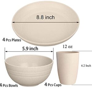 LuckyZone Wheat Straw Dinnerware Sets for 4 (Reusable Plates, Bowls & Cups) - Lightweight Unbreakable Dinner Camping Dishes - Dishwasher & Microwave Safe, Eco Friendly(12Pcs/Beige)