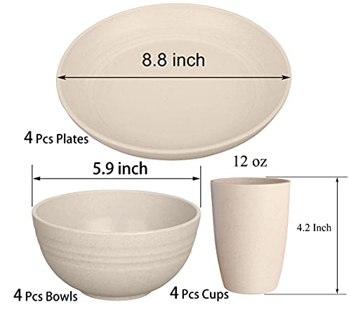 LuckyZone Wheat Straw Dinnerware Sets for 4 (Reusable Plates, Bowls & Cups) - Lightweight Unbreakable Dinner Camping Dishes - Dishwasher & Microwave Safe, Eco Friendly(12Pcs/Beige)