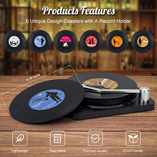 Funny Retro Vinyl Record Coasters with Player and Unique Labels, Valdivia Music Coasters Set of 6 with Gift Box, Gifts for Music Lovers, Coasters for Drinks, Bars, Cafes, Home, Party, Office