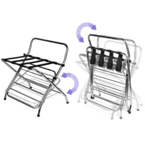 USTECH 2 Tier X-Shape Folding Luggage Rack with High Back | Durable Metal Stand & Heavy-Duty Nylon Straps for Guest Room Storage & Suitcase Holder | Perfect for Bedroom & Closet