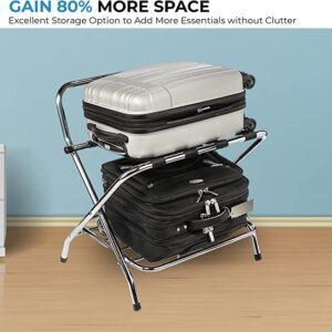 USTECH 2 Tier X-Shape Folding Luggage Rack with High Back | Durable Metal Stand & Heavy-Duty Nylon Straps for Guest Room Storage & Suitcase Holder | Perfect for Bedroom & Closet